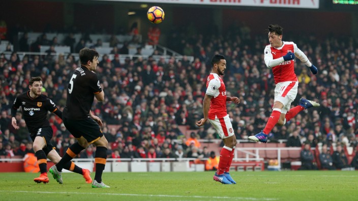 Arsenal s Mesut Ozil puts his shot over the bar during the Premier League match at the Emirates Stad
