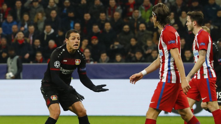 Bayer Leverkusen's Javier Hernandez reacts after misisng a chance to score