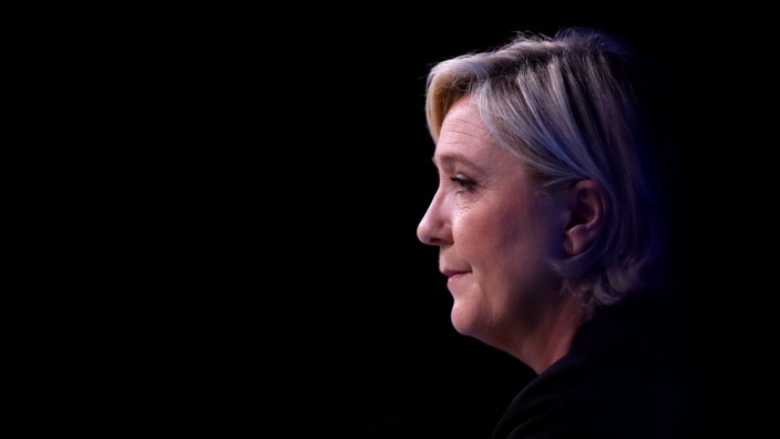 Marine Le Pen, French National Front political party leader and candidate for French 2017 presidential election, attends a meeting focused on civil works in Paris