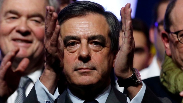 FILE PHOTO: Francois Fillon, a former French prime minister, member of The Republicans political party and 2017 presidential candidate of the French centre-right, attends a political rally in Chasseneuil-du-Poitou