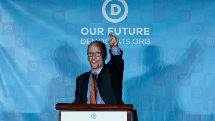 Tom Perez addresses the audience after being elected Democratic National Chair during the Democratic National Committee winter meeting in Atlanta