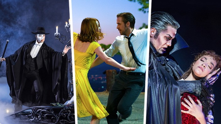 Pro und Contra: Kunst oder Schund? Die Musicals (von links) "Phantom der Oper", "La La Land" und "Tanz der Vampire".