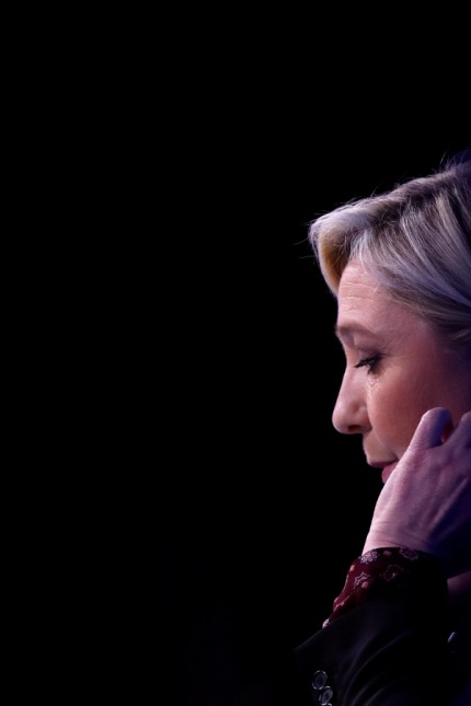 Marine Le Pen, French National Front political party leader and candidate for French 2017 presidential election, attends a meeting focused on civil works in Paris