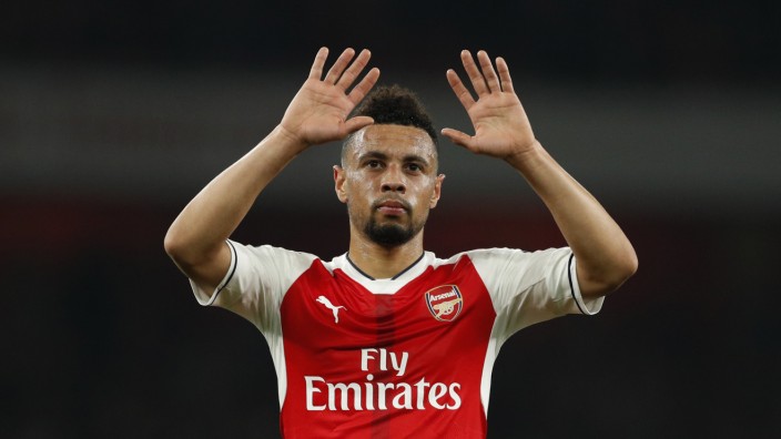 Arsenal's Francis Coquelin celebrates after the game