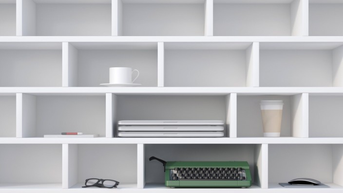 Office shelf with typewriter laptops coffe cup and other things 3D Rendering PUBLICATIONxINxGERxS