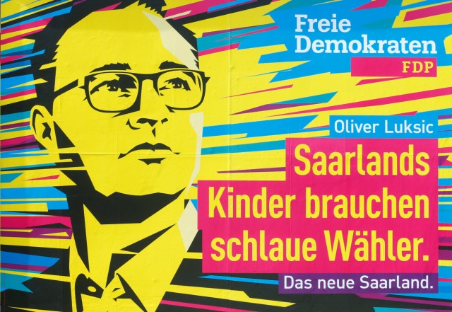 An election placard showing Luksic, top candidate of the liberal Free Democratic Party (FDP), is pictured in Saarbruecken