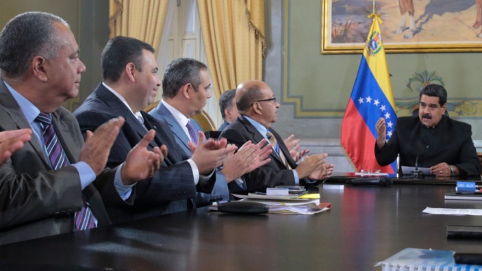 Venezuela's President Maduro speaks during a meeting with ministers and other Venezuelan authorities at Miraflores Palace in Caracas