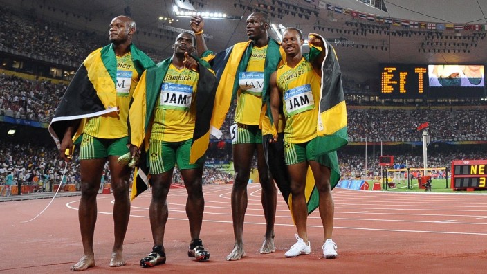 Olympia: Jamaikas Sprintstaffel aus Peking: Asafa Powell, Nesta Carter, Usain Bolt und Michael Frater