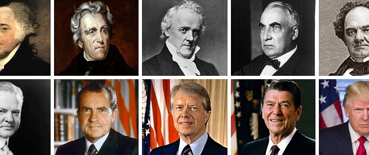 USA: Eine Ahnenreihe (von links oben nach rechts unten): John Adams, Andrew Jackson, James Buchanan, Warren G. Harding, P.T. Barnum, Herbert Hoover, Richard Nixon, Jimmy Carter, Ronald Reagan und Donald Trump