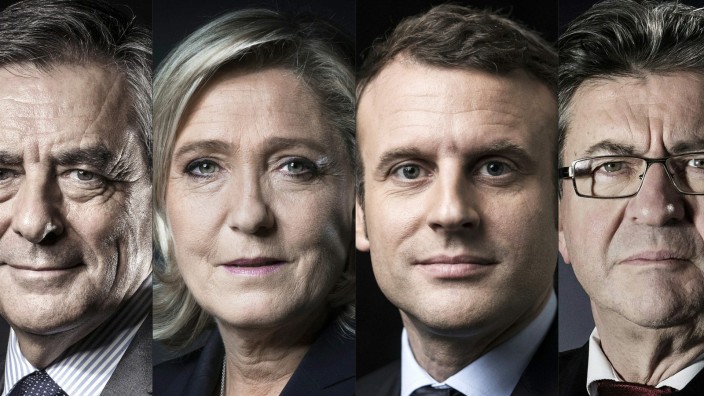 Leserdiskussion: Die Rechtsextreme Marine Le Pen (2.v.l., Front National) und der Wirtschaftsliberale Emmanuel Macron (2.v.r., parteilos) führen die Umfragen an. Daneben haben auch der Konservative François Fillon (l., Les Républicains) und der linke EU-Gegner Jean-Luc Mélenchon (r., La France Insoumise) gute Chancen.
