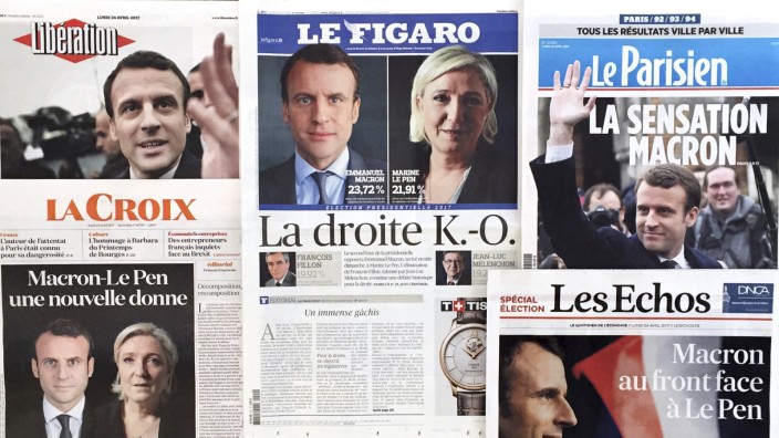 Presseschau zur Wahl in Frankreich: Eine Montage französischer Zeitungen, die den Ausgang des ersten Wahlgangs am Sonntag auf ihre Titelseiten gestellt haben.
