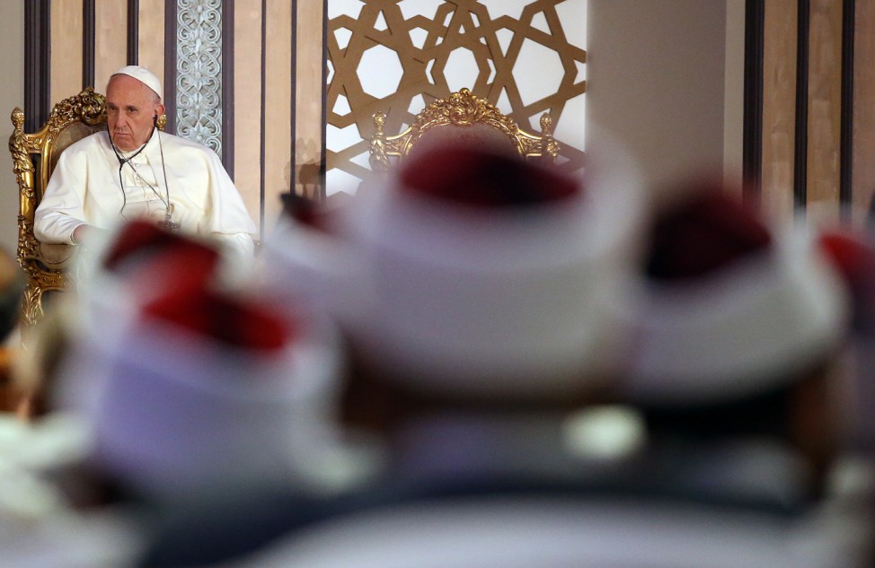 Pope Francis attends with Al-Azhar's Grand Imam Ahmed al-Tayeb during Al-Azhar International peace conference at Cairo
