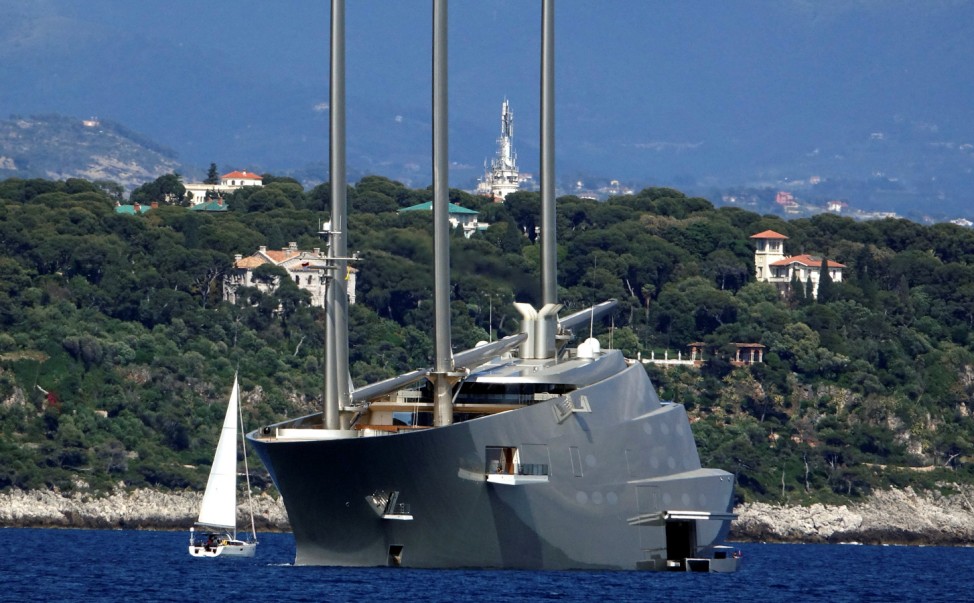 The 142.81 metre sail-assisted motor yacht 'Sailing Yacht A' is seen in front of the Monaco harbour