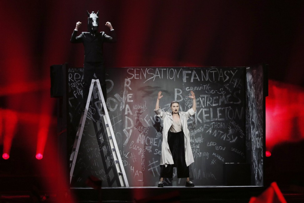Azerbaijan's Dihaj performs the song 'Skeletons' during the Eurovision Song Contest 2017 Semi-Final 1 at the International Exhibition Centre in Kiev