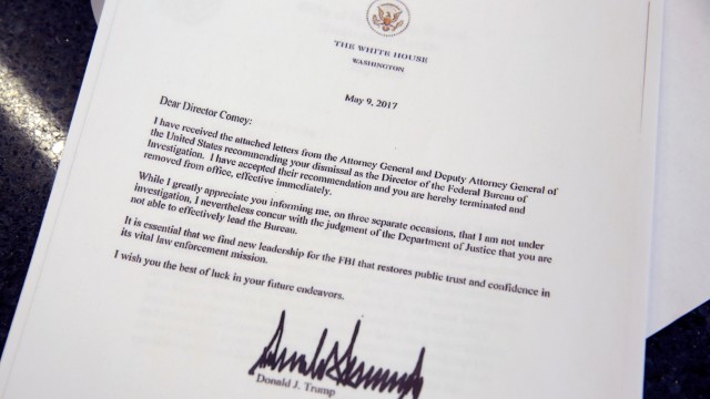 This picture shows a copy of the letter by U.S. President Donald Trump firing Director of the FBI James Comey at the White House in Washington