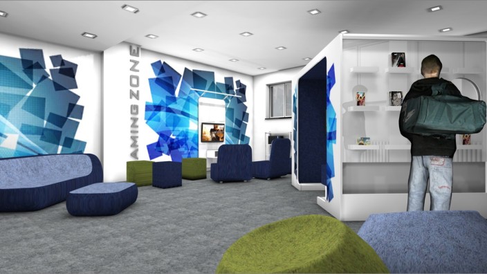 Umbau: So könnte eine "Gaming Zone" im Untergeschoss an der Adalbert-Stifter-Straße13 bald aussehen: Moderne, jugendgerechte und flexible Möbel und ein "Raum-in-Raum-Konzept für die Playstation.