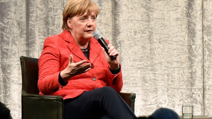 German Chancellor Merkel talks at the 'Staendehaus Treff' panel discussion in Duesseldorf