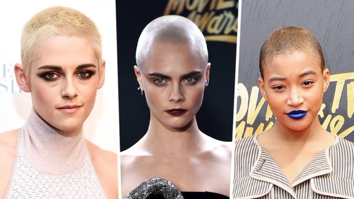 Frisuren-Trend: Von links nach rechts: Kristen Stewart, Cara Delevingne und Amandla Stenberg, alle mit millimeterkurz geschorenen Haaren.
