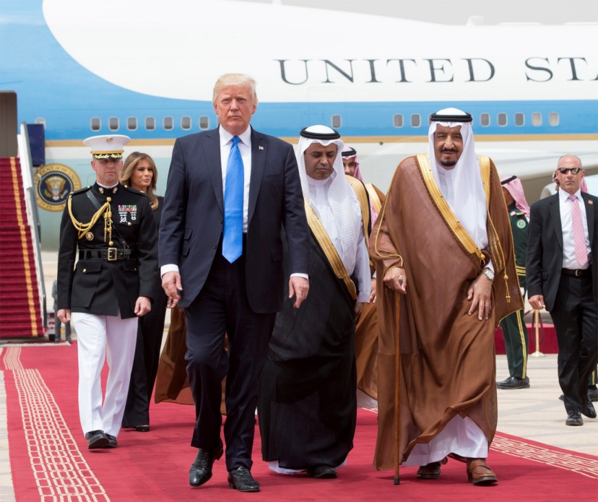 Saudi Arabia's King Salman bin Abdulaziz Al Saud welcome U.S. President Donald Trump during a reception ceremony in Riyadh