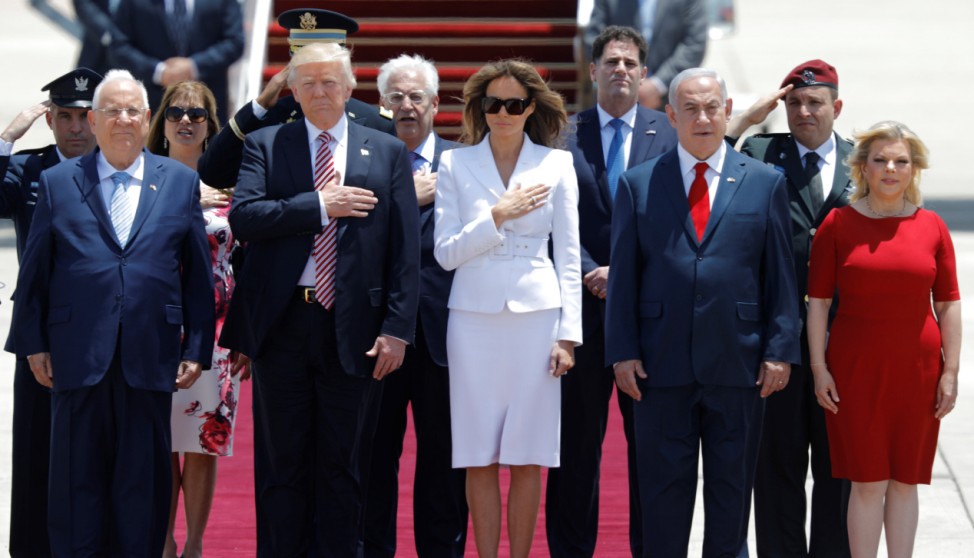 U.S. President Donald Trump and first lady Melania Trump walk with Israeli Prime Minister Benjamin Netanyahu, his wife Sara upon their arrival at Ben Gurion International Airport in Lod near Tel Aviv