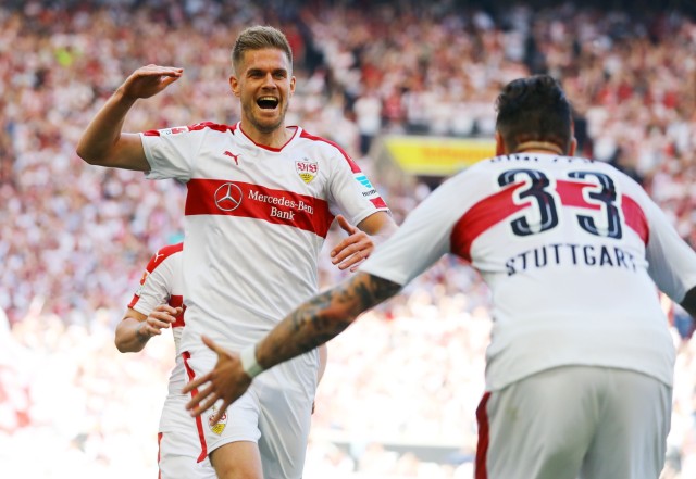 VfB Stuttgart's Simon Terodde celebrates scoring their second goal Daniel Ginczek