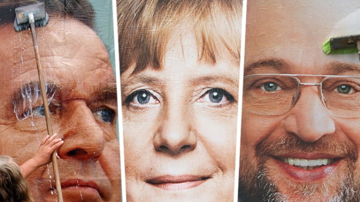 Sozialdemokraten: Neben der amtierenden Regierungschefin Angela Merkel muss SPD-Kanzlerkandidat Martin Schulz nun auch noch gegen Alt-Kanzler Schröder durchdringen. Das Bild zeigt eine Collage aus alten Wahlplakaten.