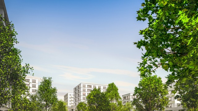 Entwurf Bayernkaserne, Visualisierung Grünboulevard (in der Mitte des Quartiers der große Grünzug vom Quartiersplatz West bis zum Quartiersplatz Ost)