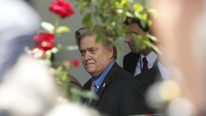 White House Chief Strategist Bannon arrives in the Rose Garden prior to U.S. President Donald Trump announcing decision on the Paris Climate Agreement at the White House in Washington
