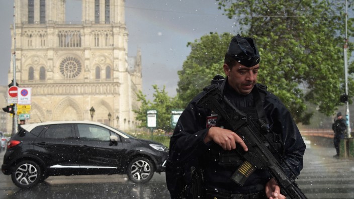 Polizist vor der Notre-Dame Kathedrale