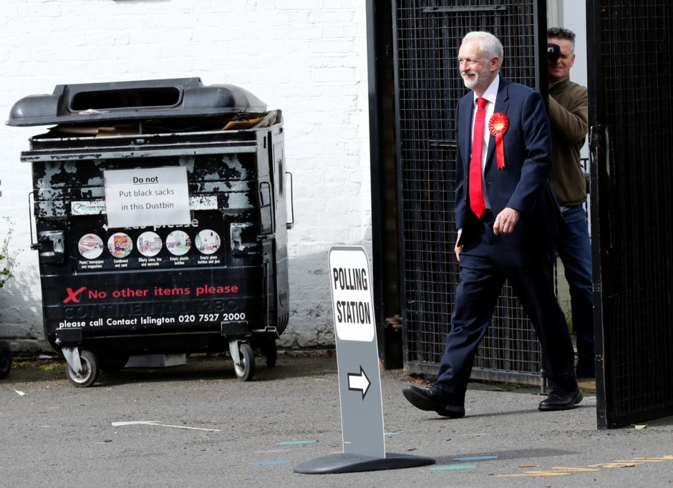 Jeremy Corbyn, leader of Britain's opposition Labour Party, arrives to vote in Islington, London