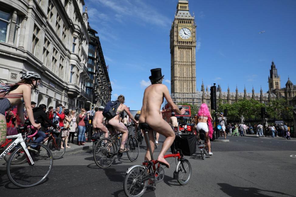Cyclists take part in the annual World Naked Bike Ride in central London