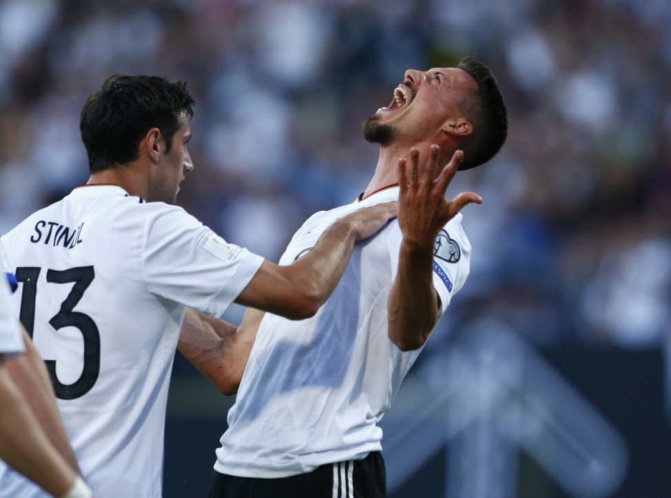 Germany's Sandro Wagner celebrates scoring their second goal with Lars Stindl
