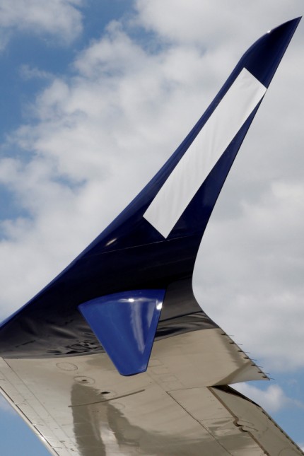 A new fuel-efficient wingtip extension or winglet is seen on an Airbus A380 at Le Bourget