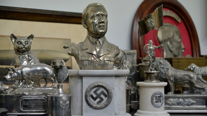 A bust of dictator Adolf Hitler among other Nazi artifacts seized in the house of an art collector is on display in this undated Handout photograph, in Buenos Aires