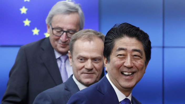 Japan's Prime Minister Shinzo Abe arrives at the EU headquarters in Brussels