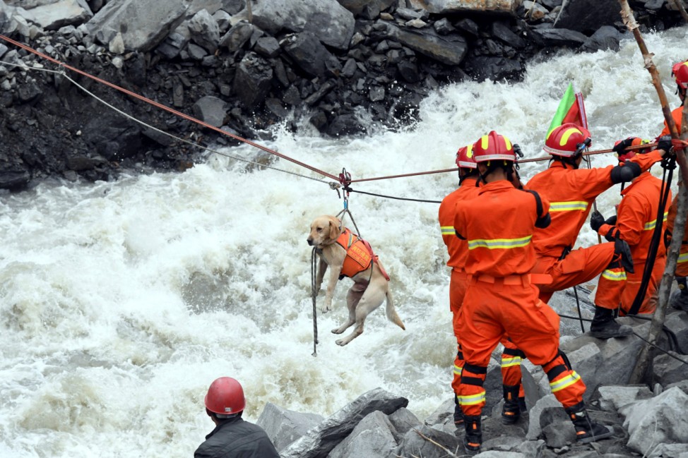 Rescue workers pull a rescue dog across a river at the site of a landslide in the village of Xinmo