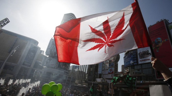 A man waves a flag with a marijuana leaf on it during a rally for the legalization of marijuana in Toronto