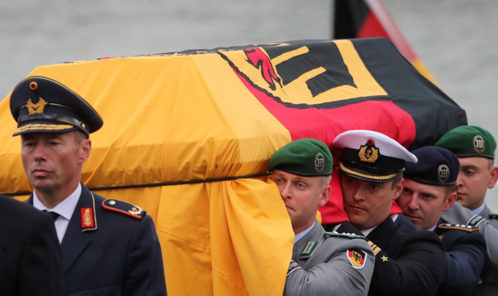 German soldiers carry the coffin of late former German Chancellor Helmut Kohl from the MS Mainz on the way to Speyer Cathedral