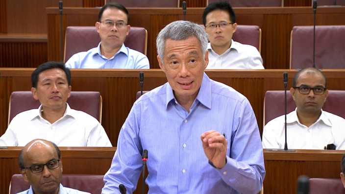 Singapore Prime Minister Lee Hsien Loong speaks at a special sitting of parliament in Singapore