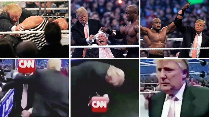 USA: 2007 war Donald Trump bei einer Wrestling-Show (o.). Eine bearbeitete Version der Aufnahmen von damals verbreitet er heute als US-Präsident