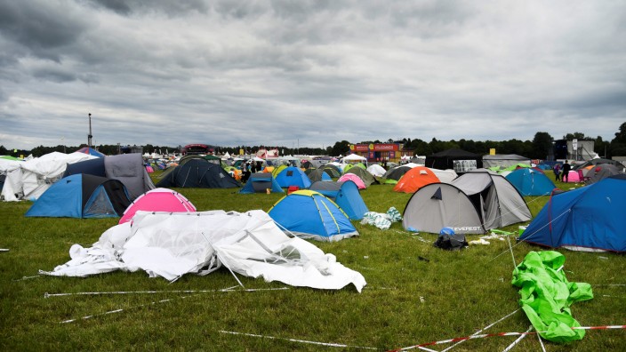 The camping site of the Bravalla festival is pictured on its last day, in Norrkoping; jetzt Festival