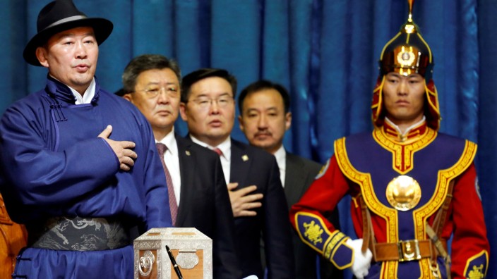 New Mongolia's president Khaltmaa Battulga takes an oath during his inauguration ceremony in Ulaanbaatar