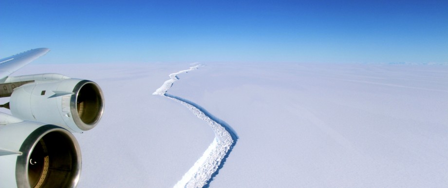 A rift across the Larsen C Ice Shelf that had grown longer and deeper is seen during an airborne surveys of changes in polar ice over the Antarctic Peninsula