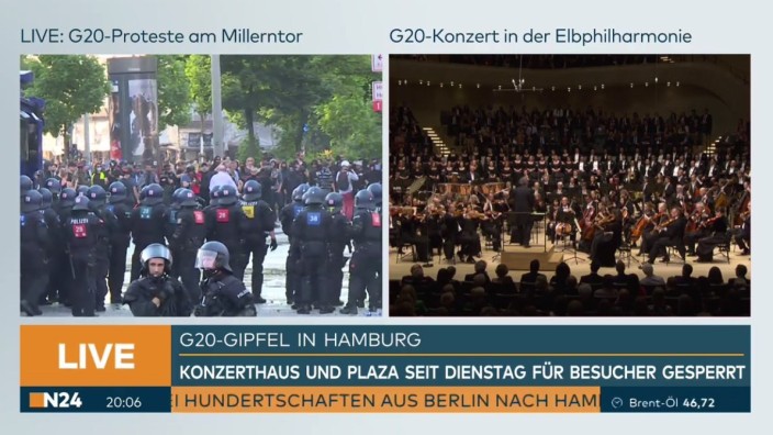 N-tv und N 24: Schwarze Blöcke: N24 kontrastierte beim G-20-Gipfel die Proteste mit der Konzertgala in der Elbphilharmonie und gewann damit viele Fans auf Twitter.