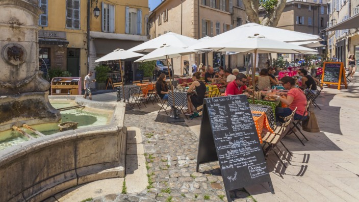 France Provence Aix en Provence view to Place des Tanneurs with fountain and street restaurant PU