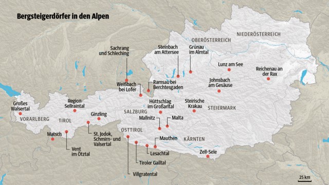 Bergsteigerdörfer in den Alpen: SZ-Karte/Maps4News.com/©HERE