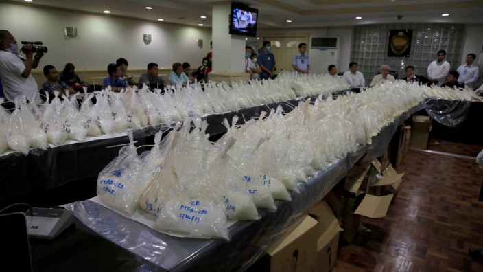 Around 505 kilos of seized high-grade shabu drugs, confiscated last Saturday, are seen after they were presented to the media during a news conference at the National Bureau of Investigation headquarters in Metro Manila