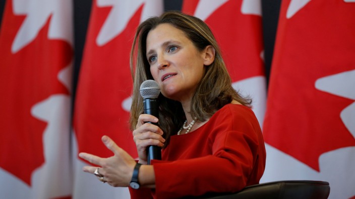 Canada's Foreign Minister Freeland speaks during an event at the University of Ottawa in Ottawa