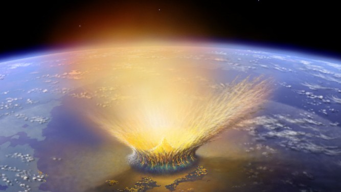 Paläontologie: Illustration des katastrophalen Asteroideneinschlags auf der Erde, der vor etwa 66 Millionen Jahren die meisten Dinosaurier und ein Großteil aller anderen Tierarten ausgerottet haben soll.