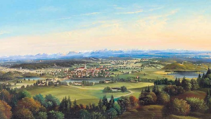 1890 entstandenes Panoramagemälde von Nikolaus Gumberger, südlicher Landkreis Ebersberg mit Alpenkette